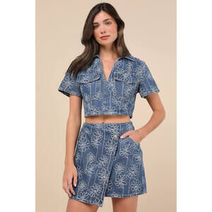 Lulus Nicest Aura Medium Wash Embroidered Denim Two-piece Dress Blue - Size M